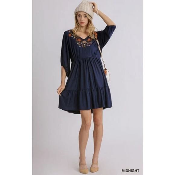 UMGEE Navy Floral Embroidered V-Neck Tiered Ruffle Boho Babydoll Dress Size S - Picture 10 of 10